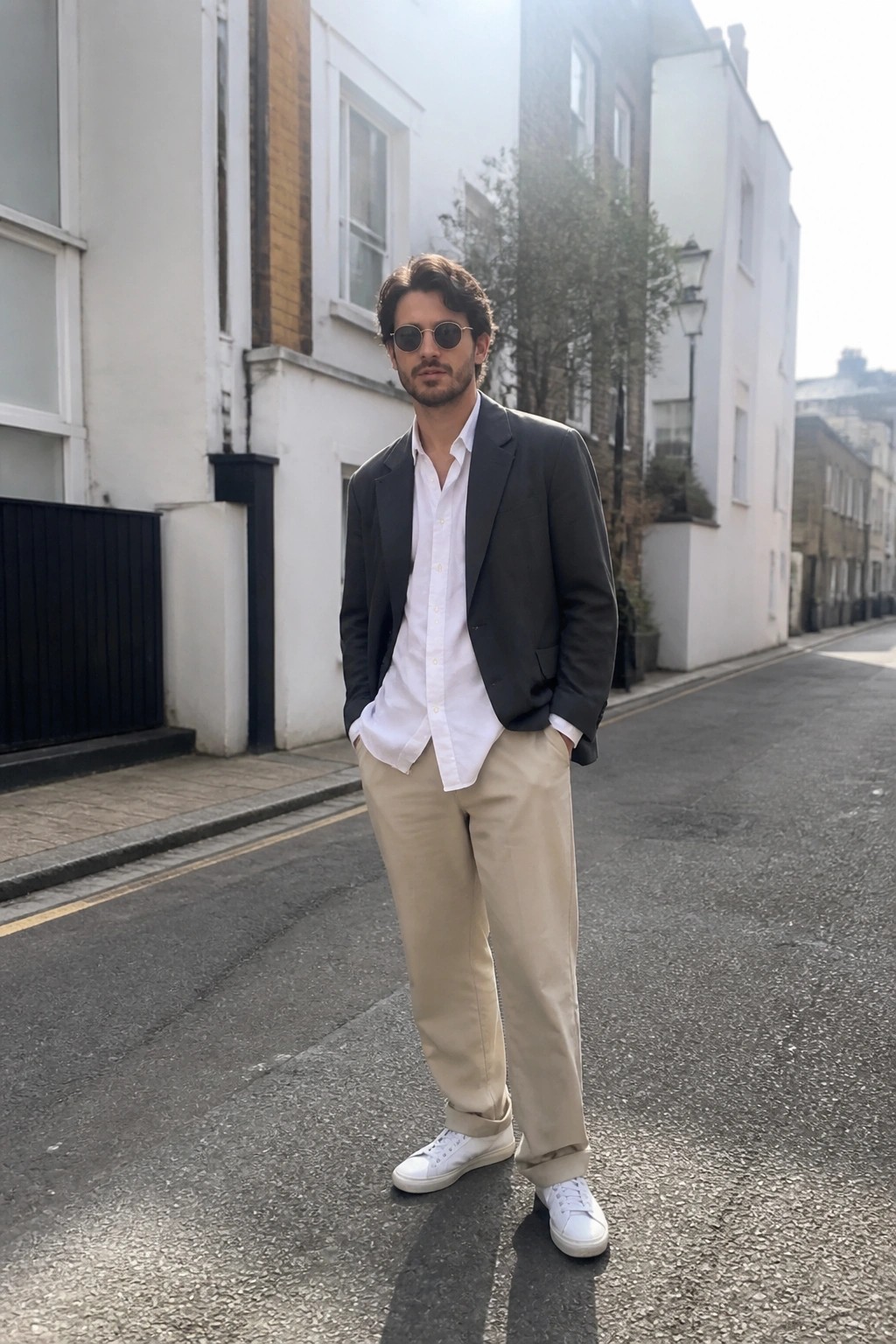 Man in gray blazer, white shirt, beige pants and sunglasses on sunny street