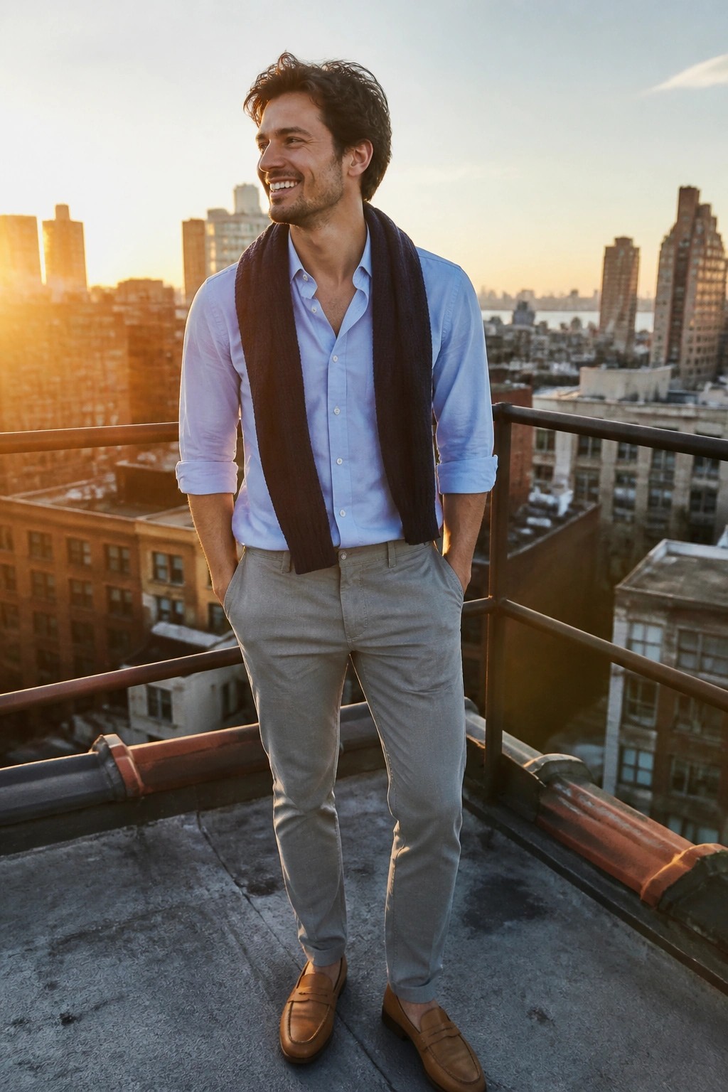 Man wearing light blue button down shirt with rolled sleeves, dark scarf draped over shoulders, light gray formal trousers, and brown loafers standing on rooftop.