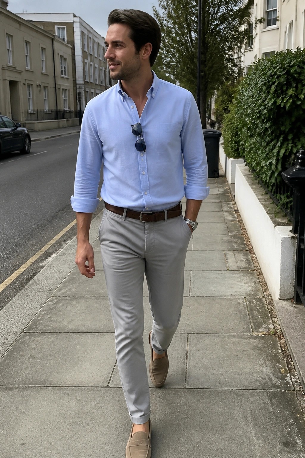 Man in light blue shirt and gray trousers walking on urban sidewalk