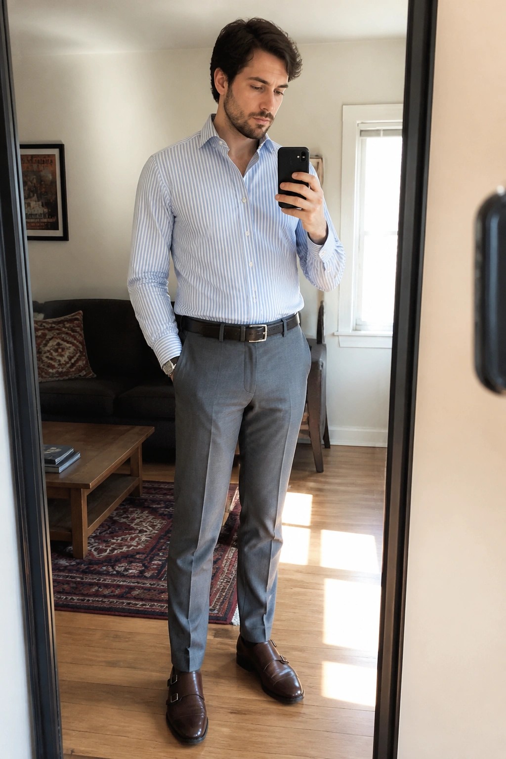 Man in blue striped shirt and gray pants taking mirror selfie with phone