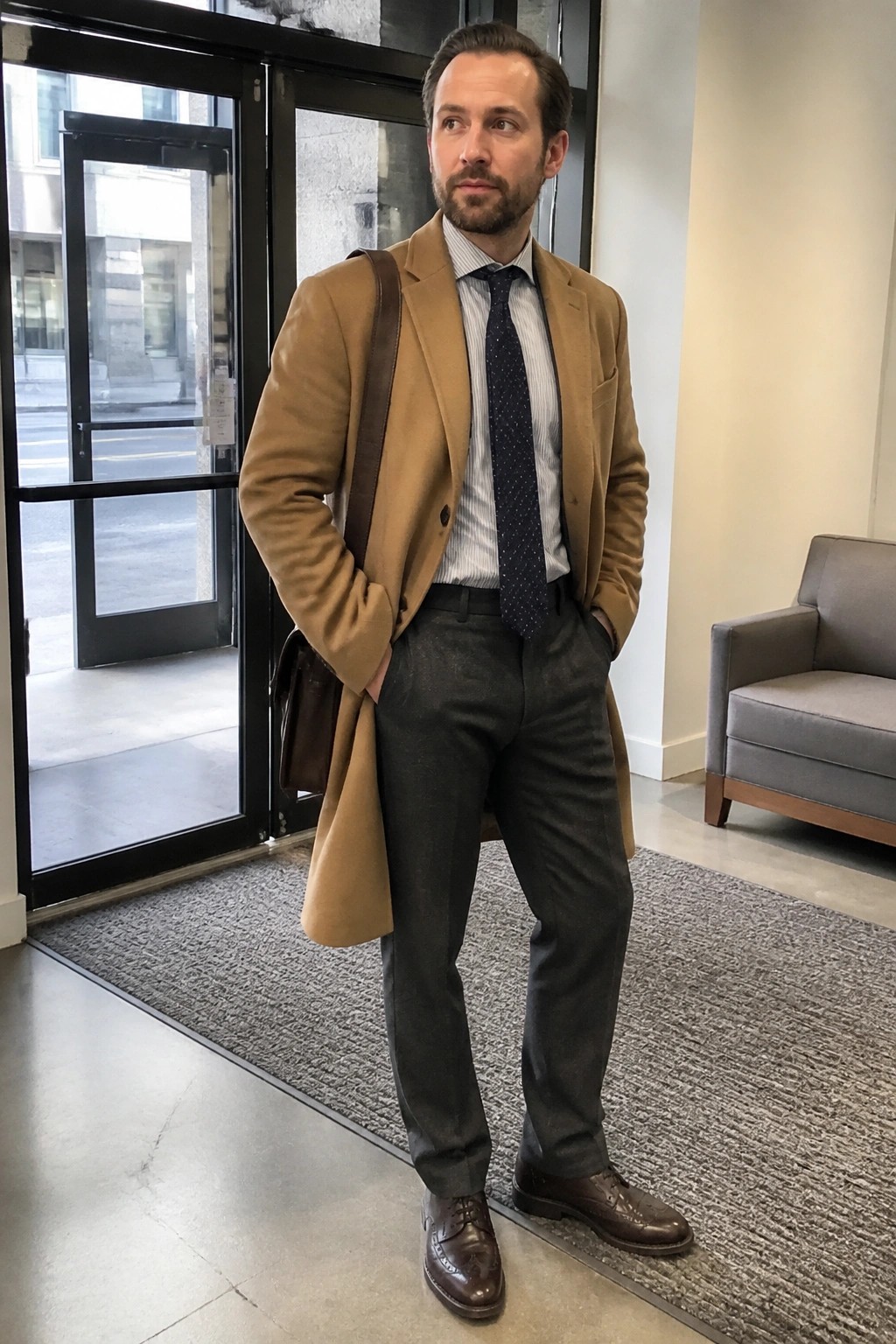 Bearded man in tan overcoat and polka dot tie standing by glass doors