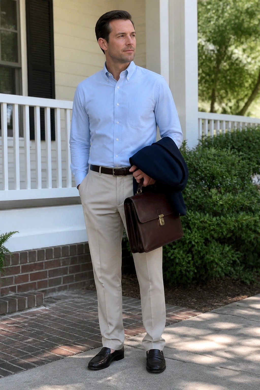 Man in light blue shirt and khaki pants holding briefcase with navy jacket outdoors.
