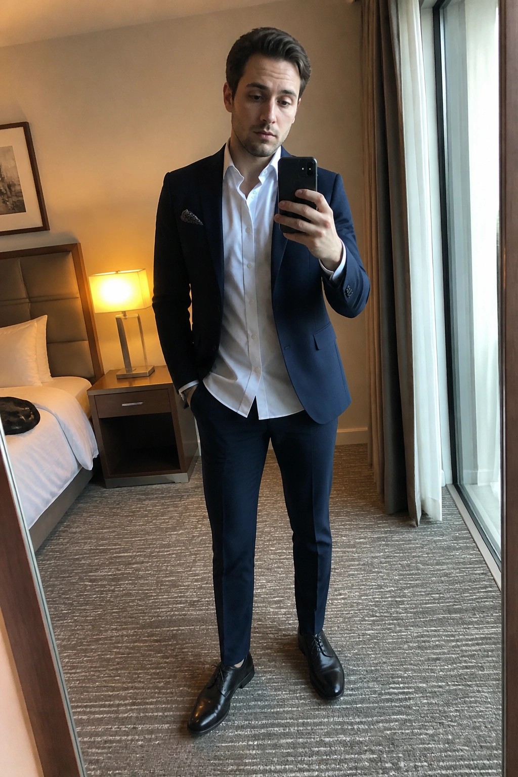 Man in navy suit taking mirror selfie in hotel room with phone