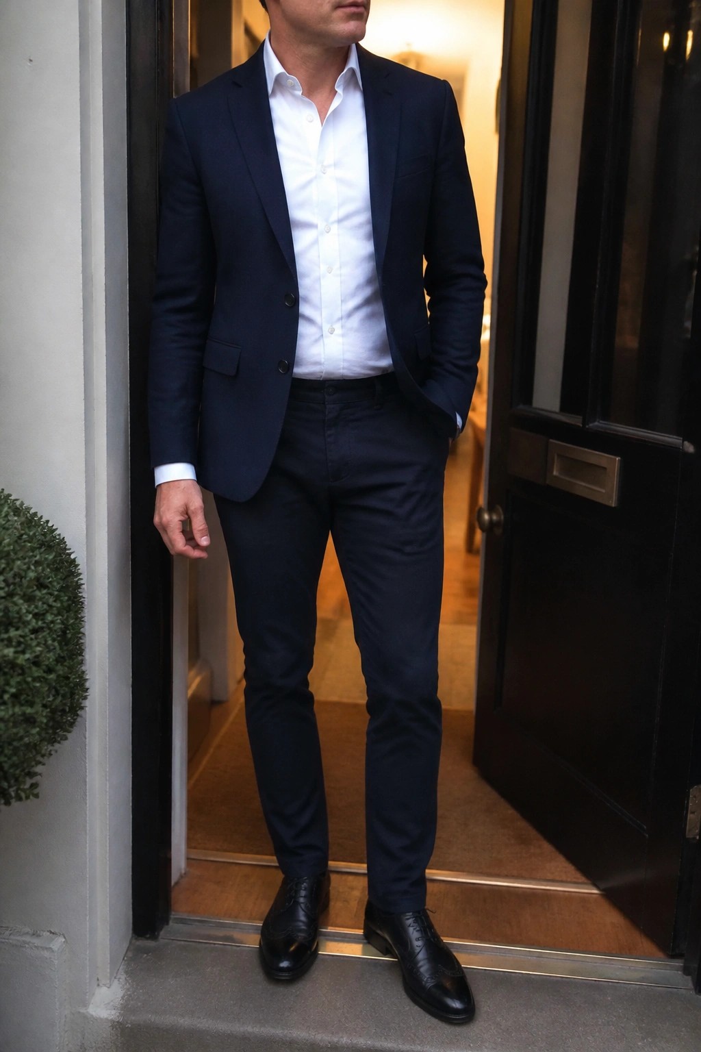 Man in navy blue suit and white shirt standing in doorway with hand in pocket