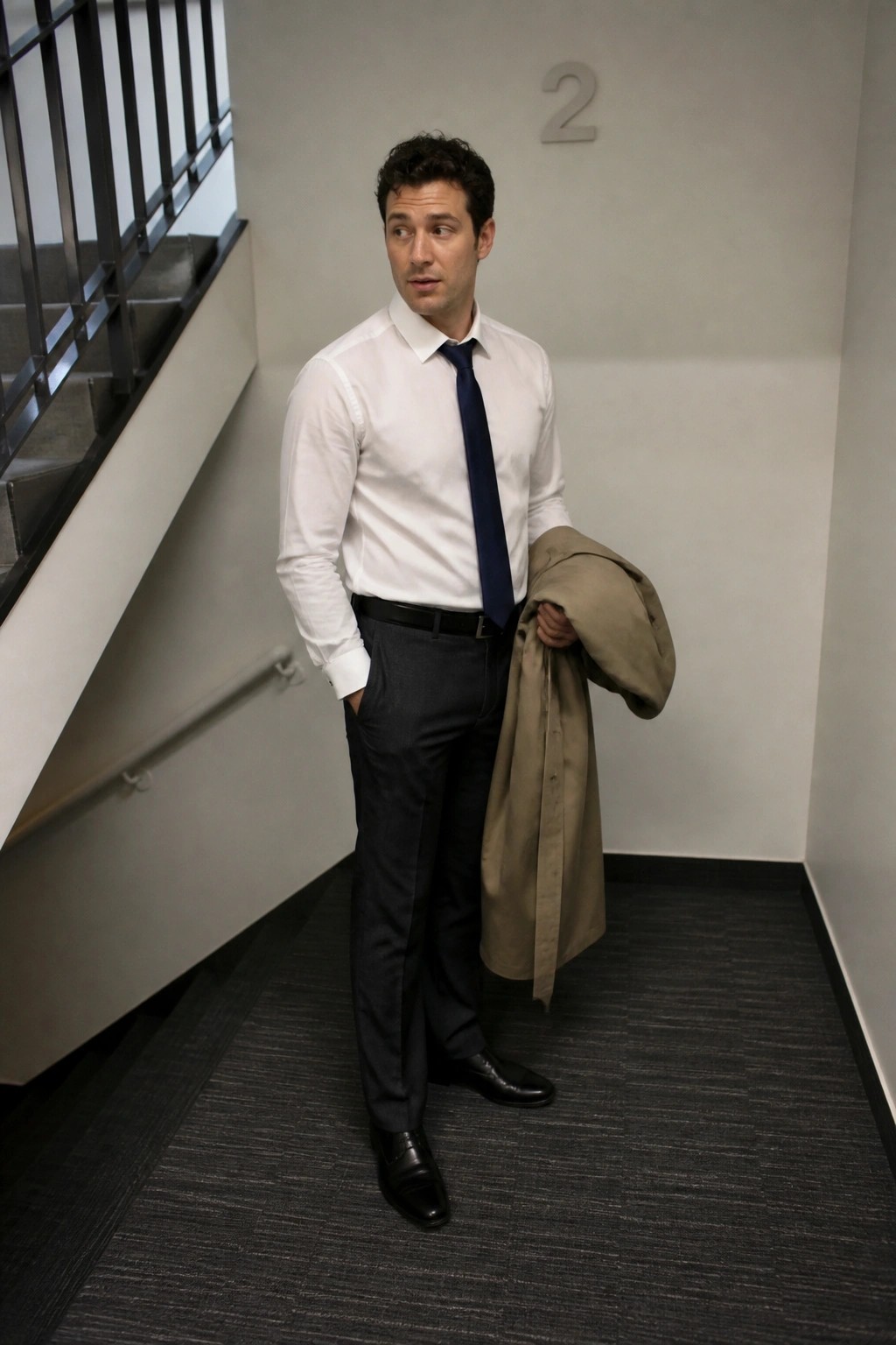 Man in white shirt and blue tie holding beige coat near stairs