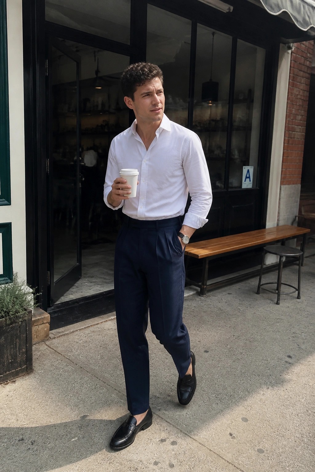 Man in white shirt and navy trousers holding coffee on sidewalk