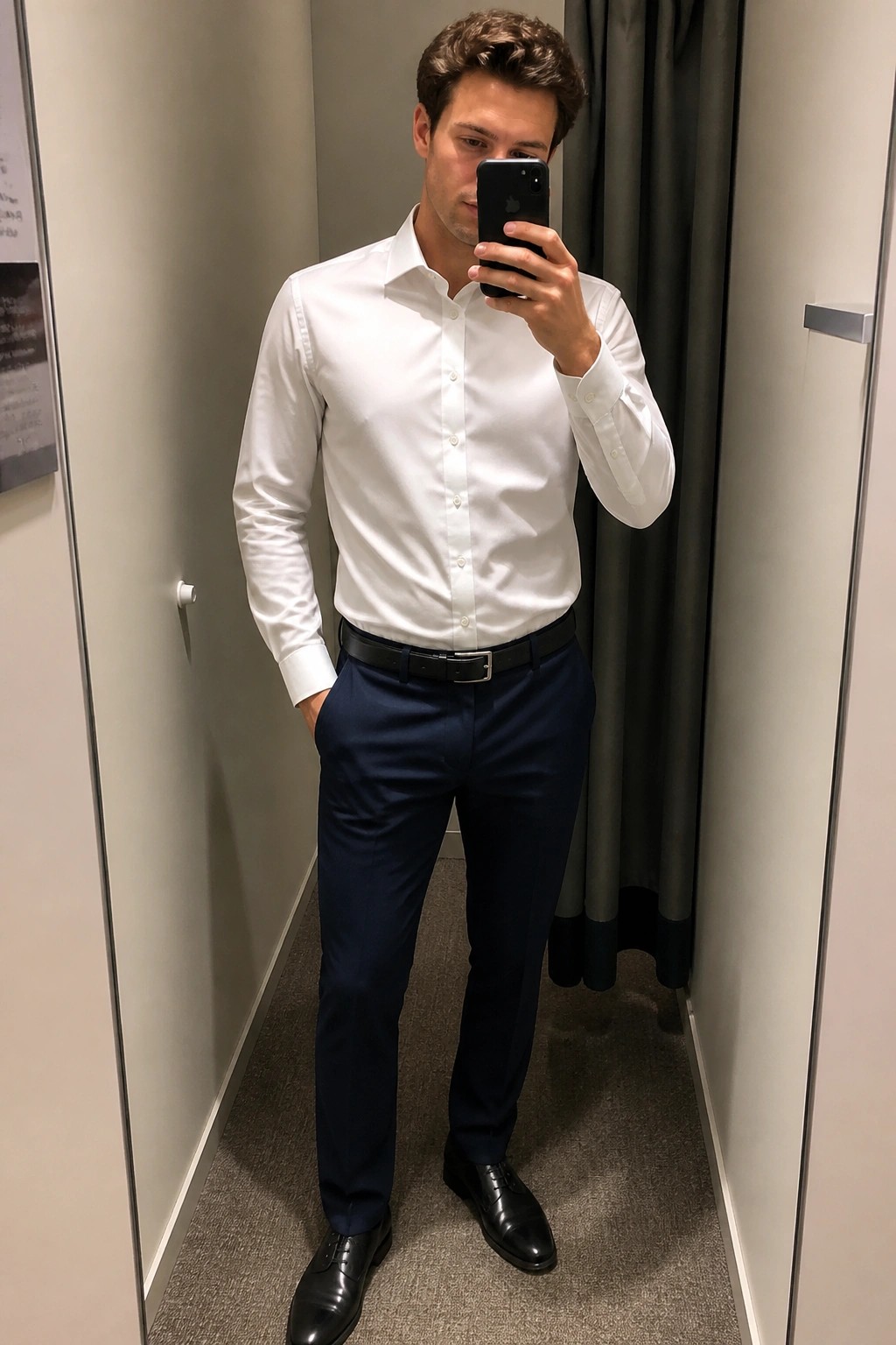 Man in white shirt and navy pants taking mirror selfie with iPhone