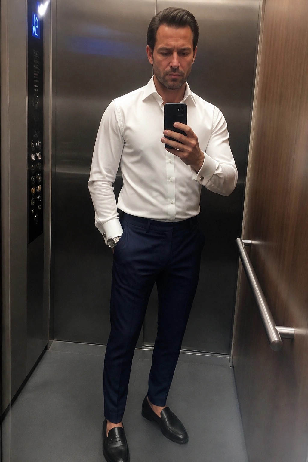 Man in white shirt and navy pants taking selfie in elevator.