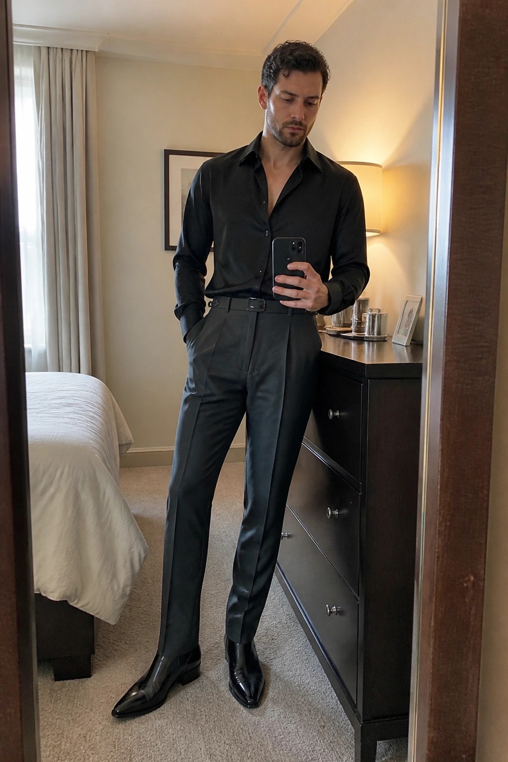 Man wearing black pleated trousers with a black satin button-up shirt tucked in, black belt, and glossy black pointed boots while holding a phone in a hotel room setting.