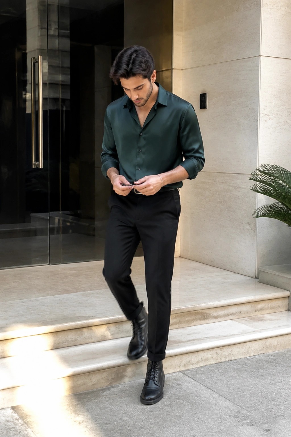 Man in green silk shirt and black pants on stone steps outside building