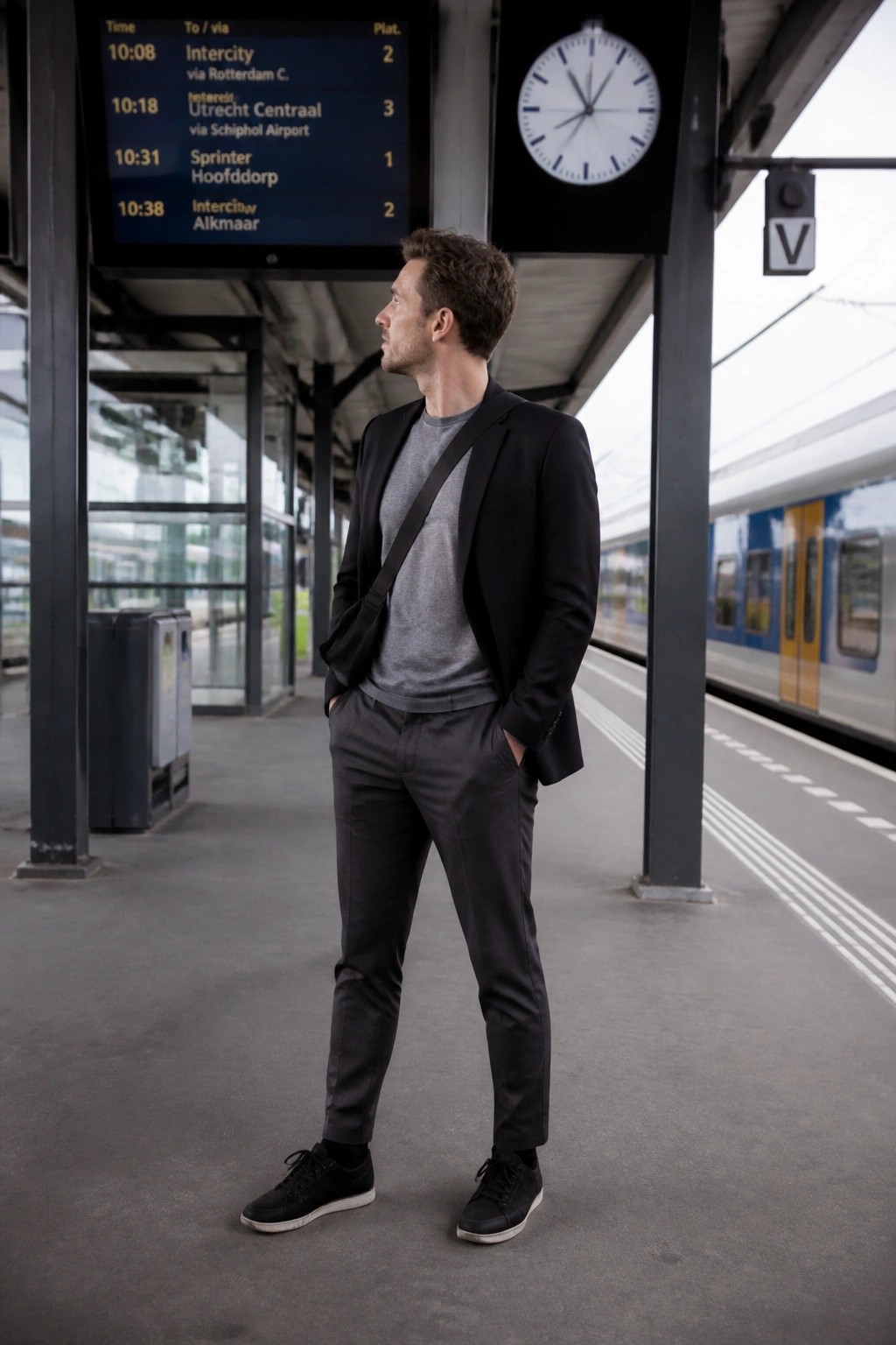 Man in black blazer and gray shirt on train station platform with departure board
