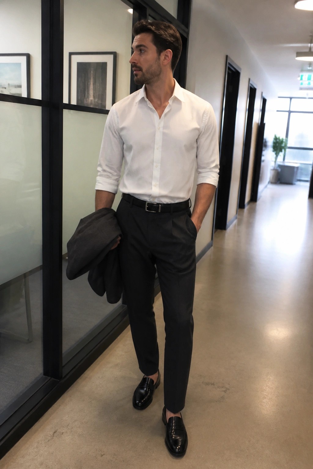 Man in white shirt and black pants holding jacket in modern office hallway