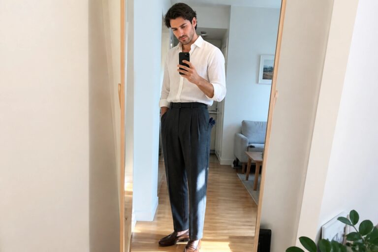 Man in white shirt and gray pleated trousers taking mirror selfie with phone