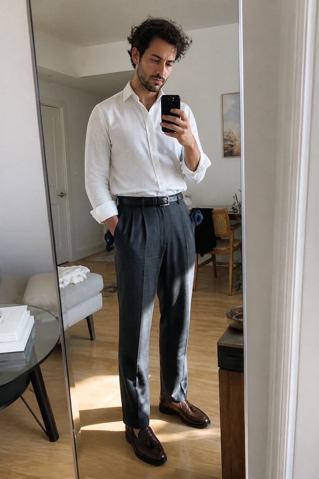 Man in white shirt and gray pleated trousers taking mirror selfie with phone