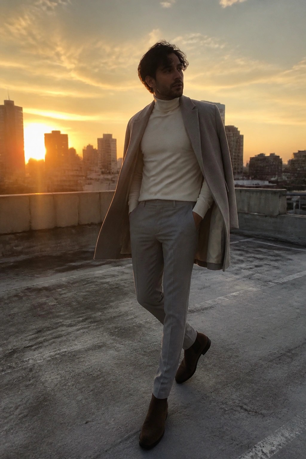Man in open beige coat and white turtleneck on rooftop at sunset cityscape.