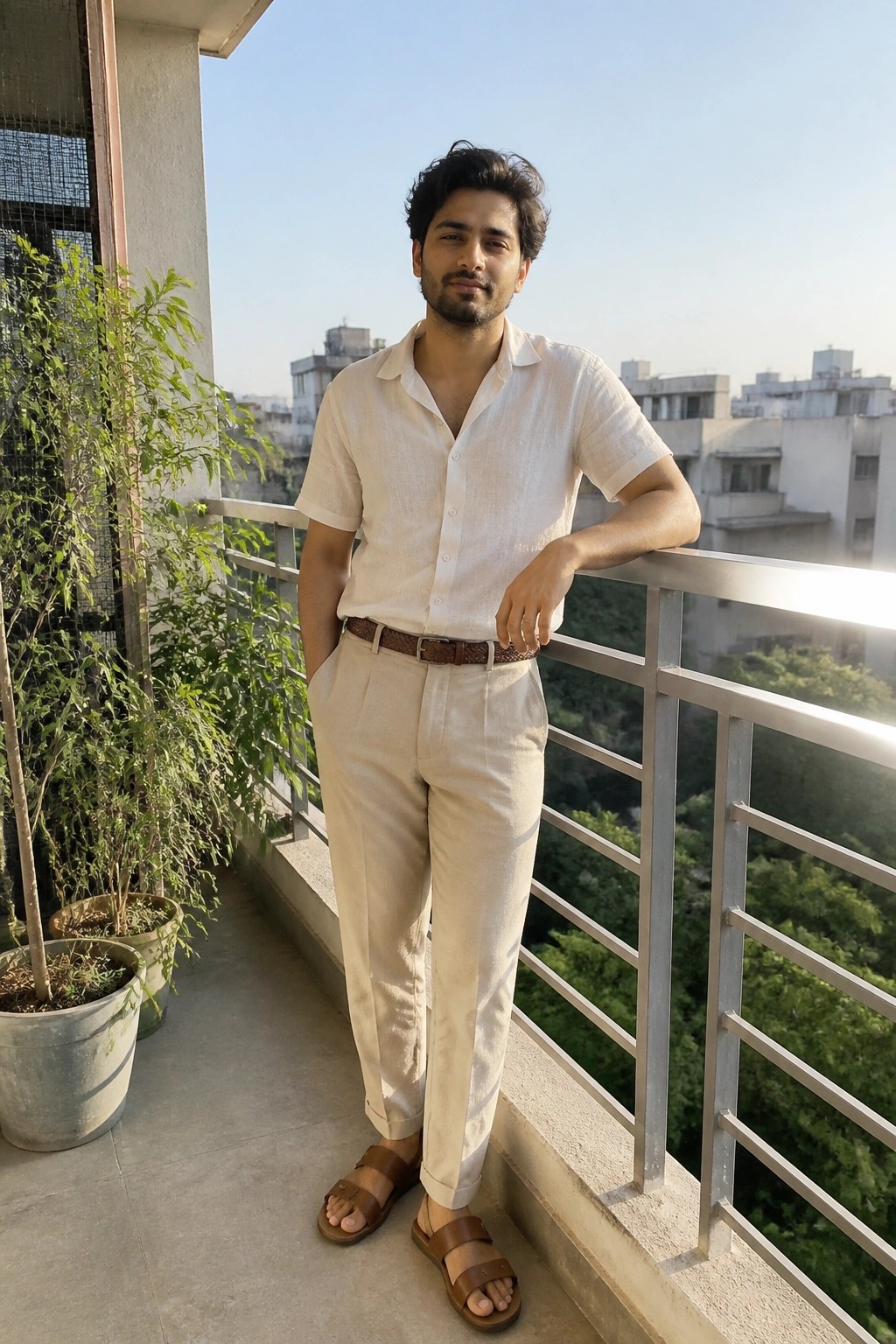 Man in white shirt and beige pants leaning on sunny balcony railing with plants
