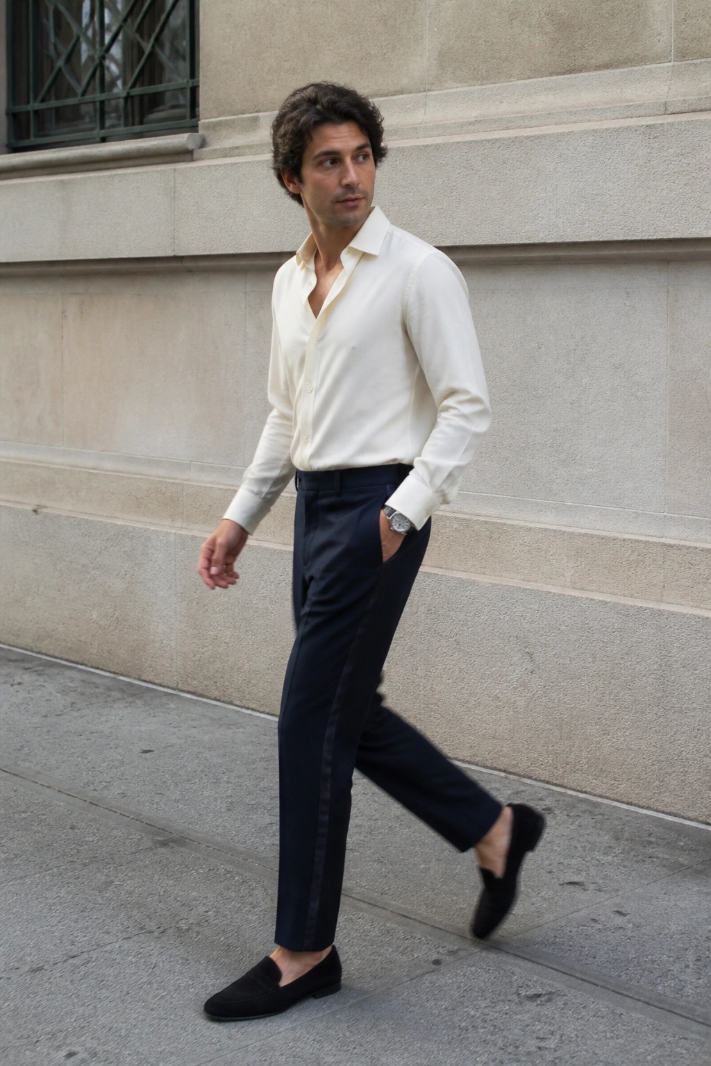 Man in white shirt and navy trousers walking on city sidewalk