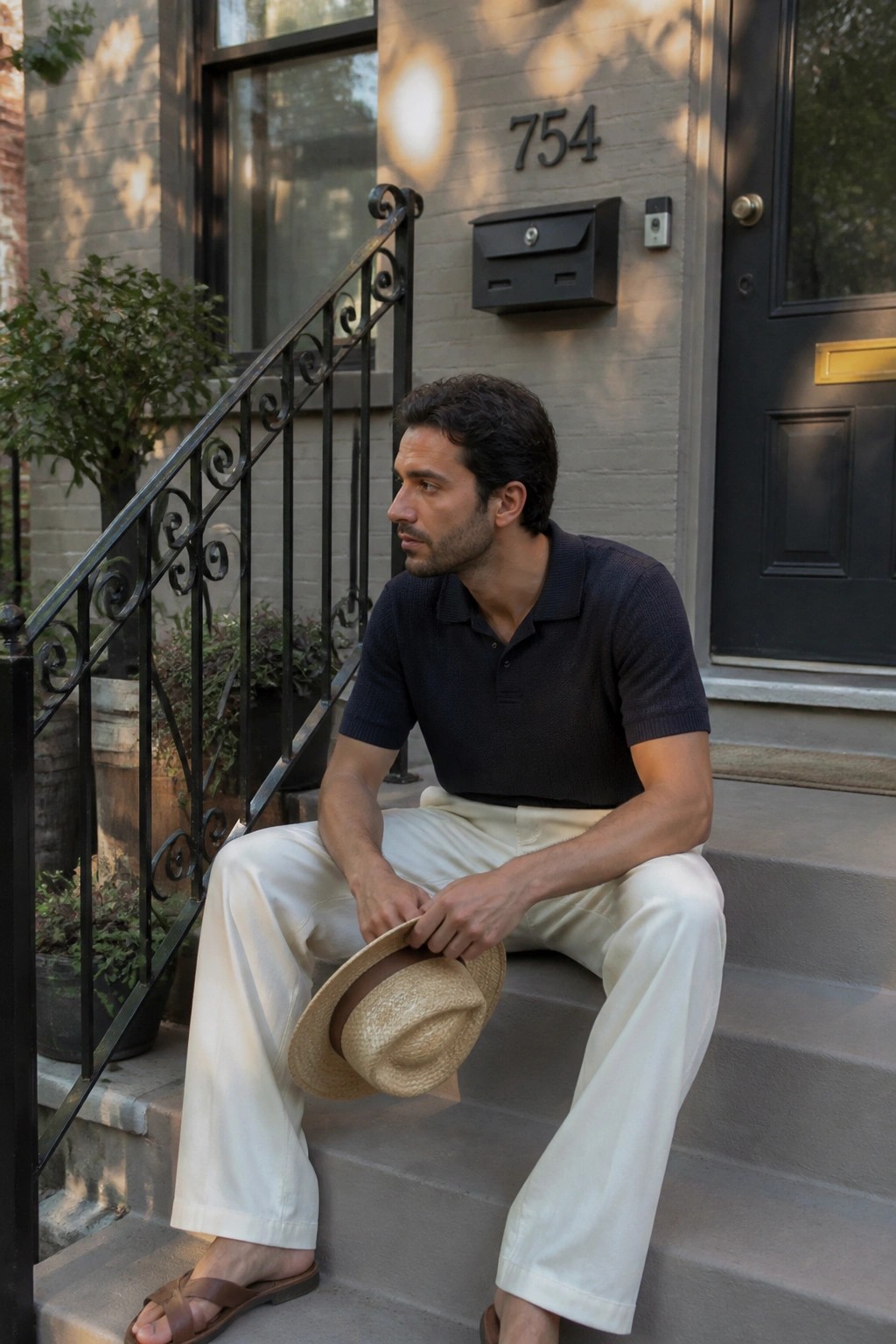 Man in navy polo and white pants sits on steps holding straw hat