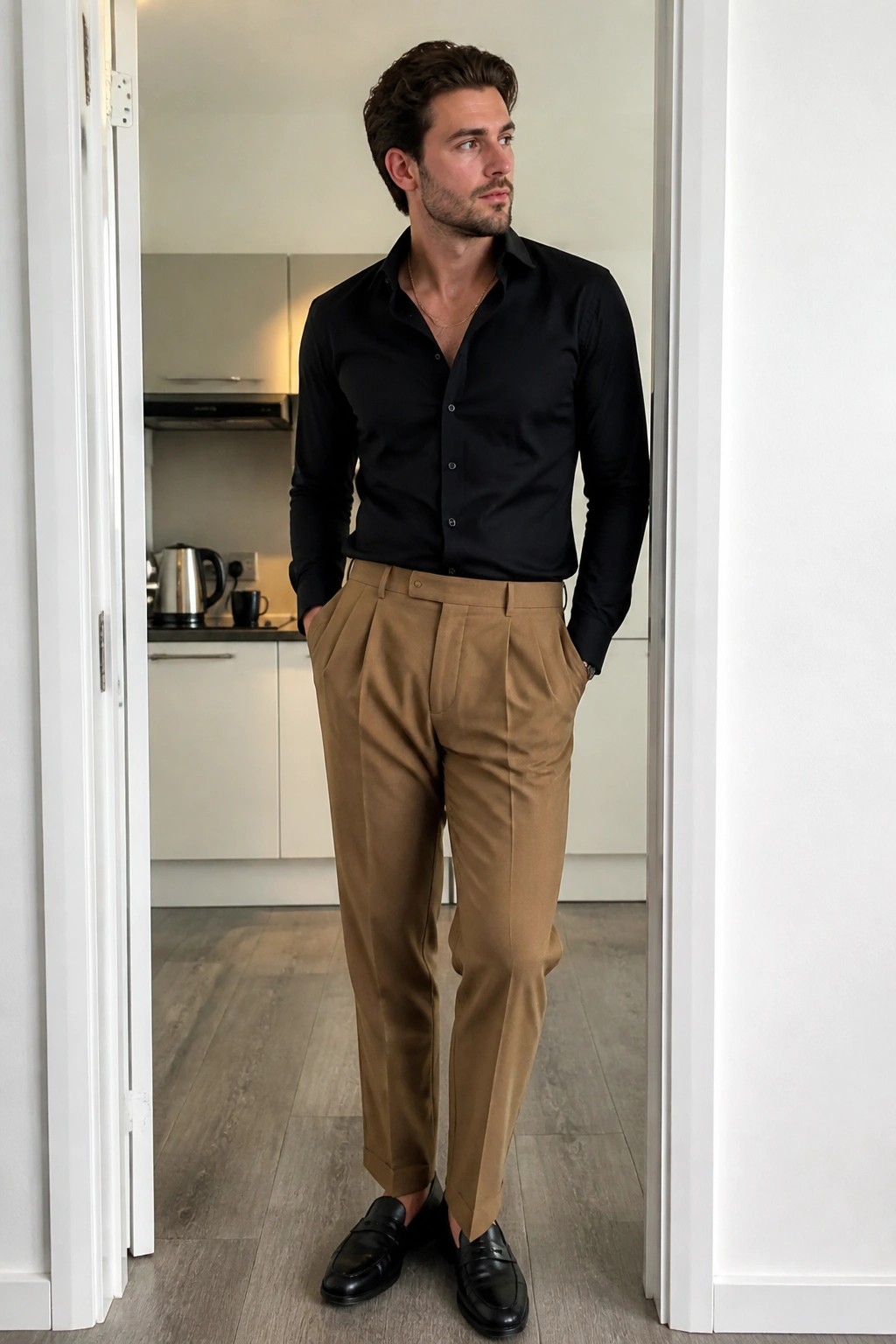 Man in black shirt and brown pleated trousers standing in kitchen doorway.