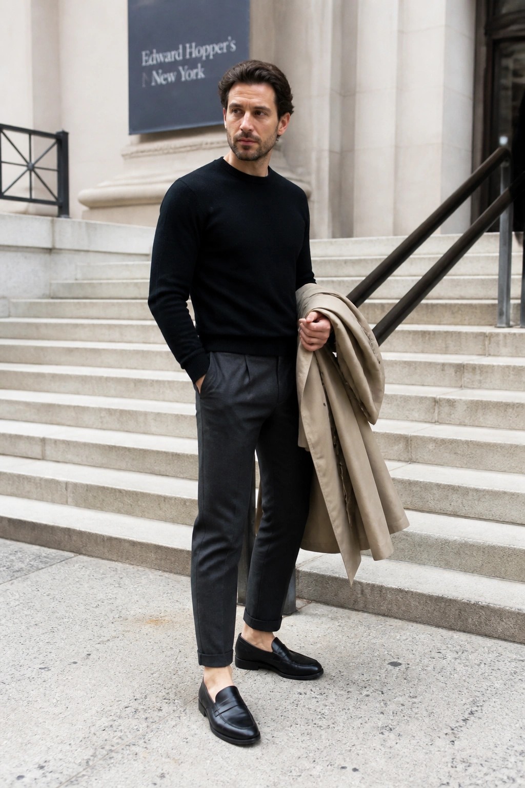 Man wearing black crewneck sweater and dark gray pleated trousers with cuffs paired with black loafers while holding a beige coat