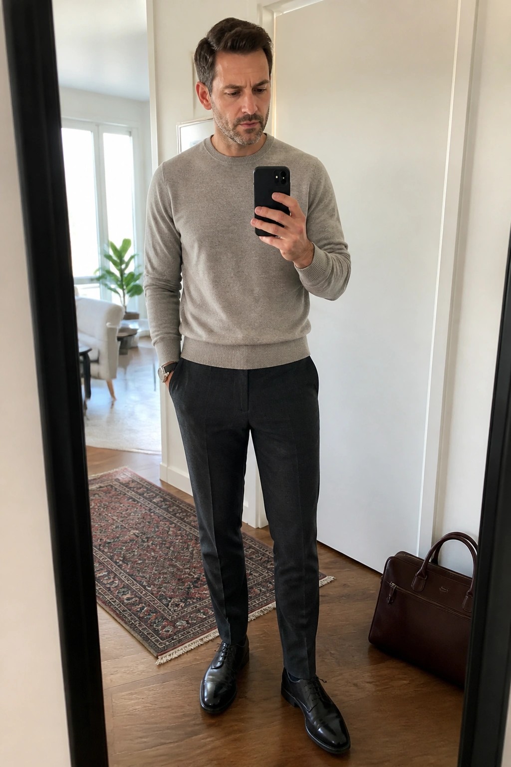 Man in gray sweater and dark pants taking mirror selfie with phone