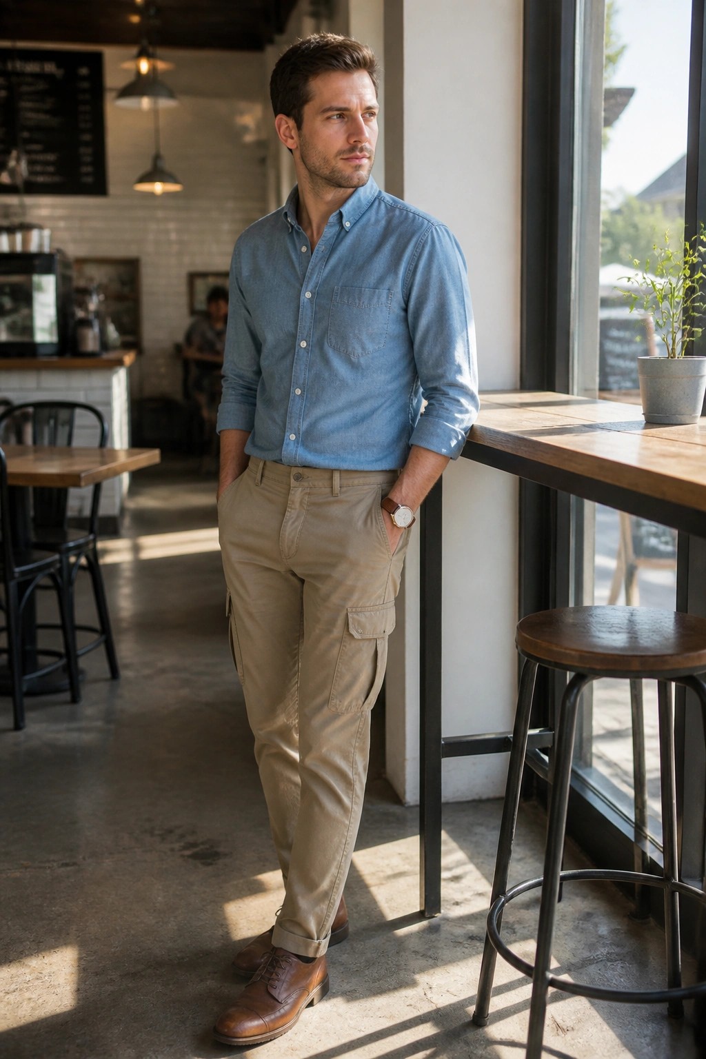 Man in blue shirt and beige cargo pants leaning on cafe table