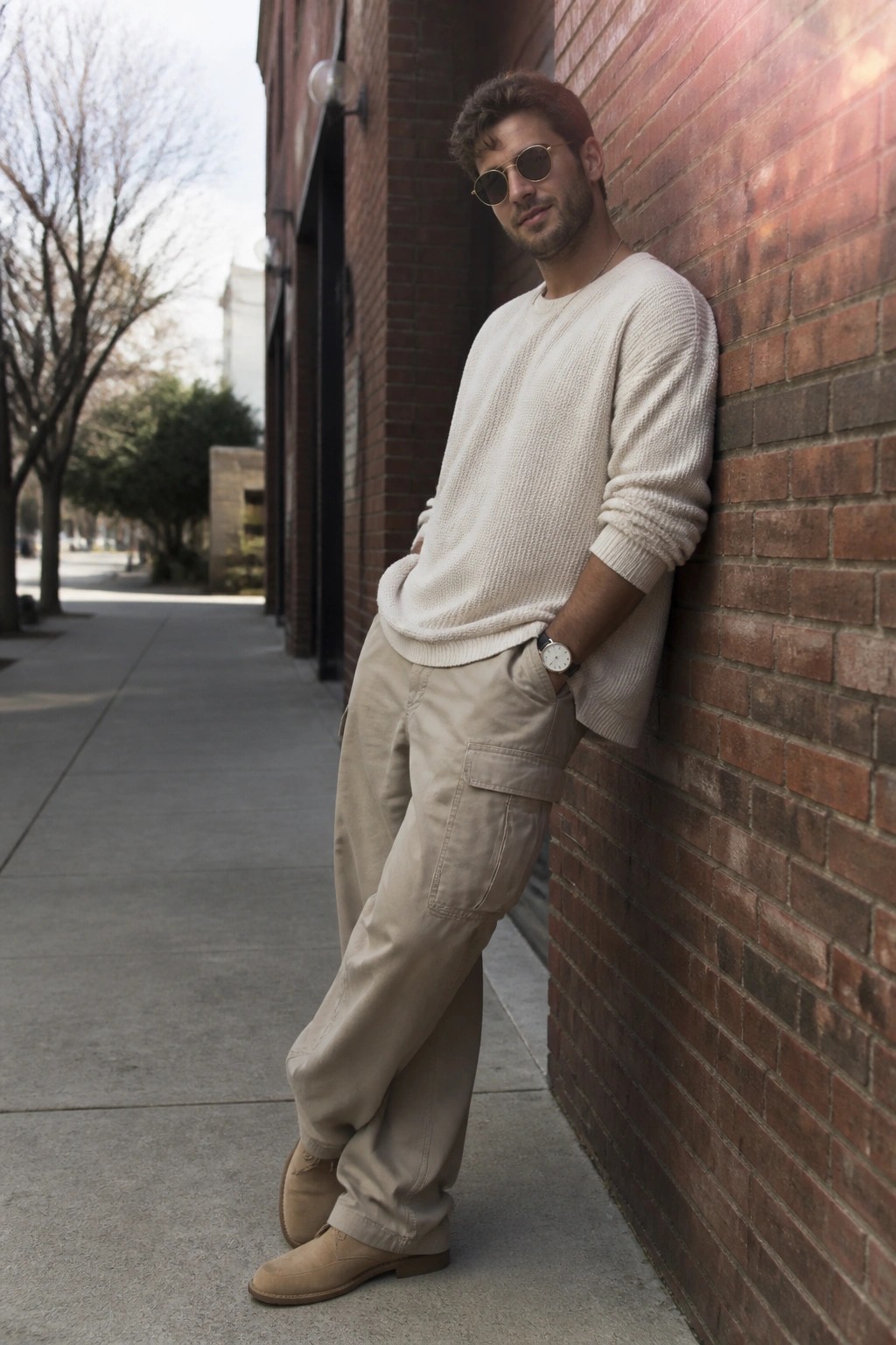 Man in cream sweater and beige cargo pants leaning on brick wall.