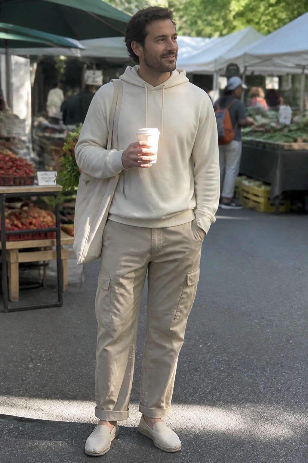 Man in cream hoodie and beige cargo pants holding coffee at market