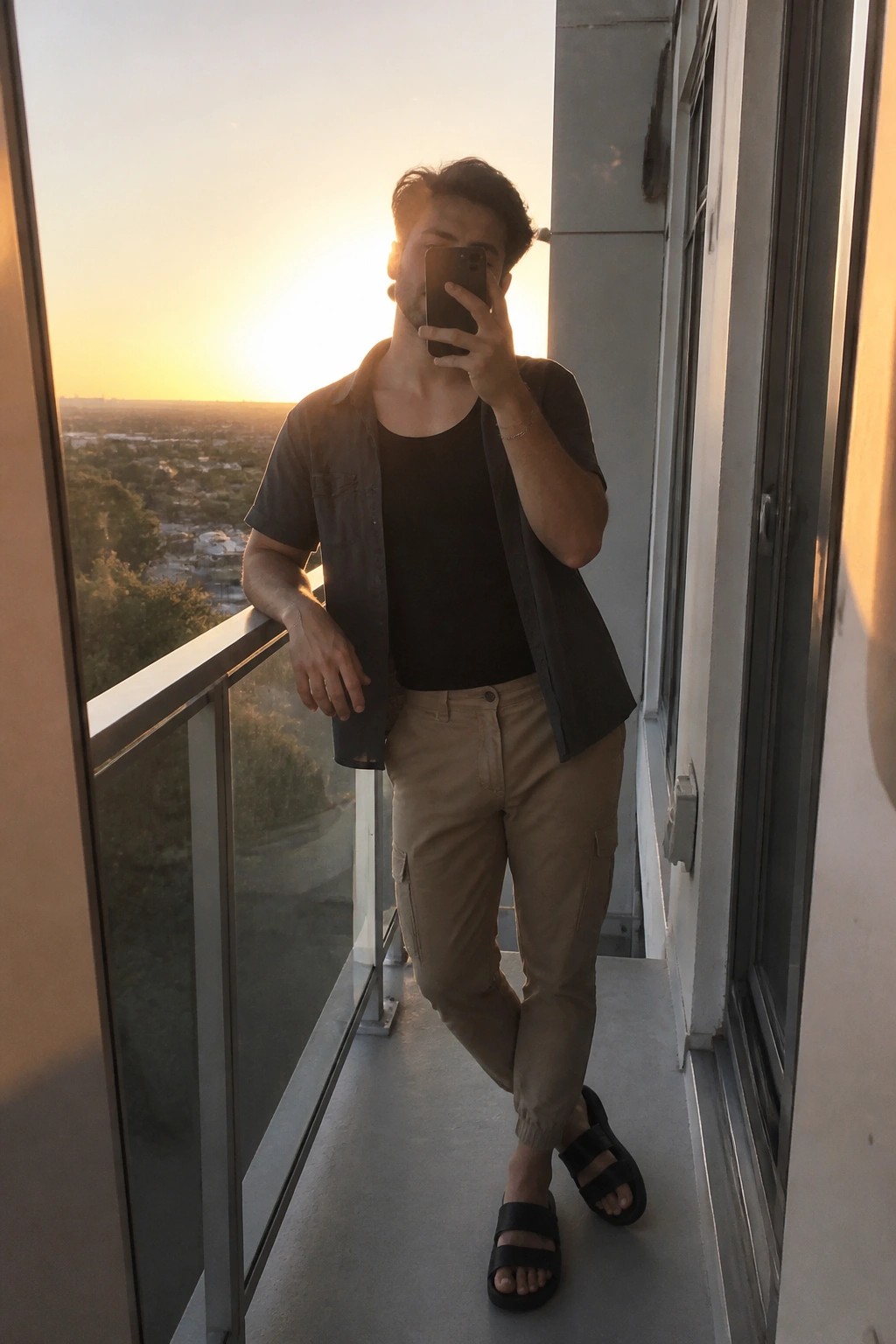 Man taking sunset balcony selfie in black shirt, beige cargo pants and slides.