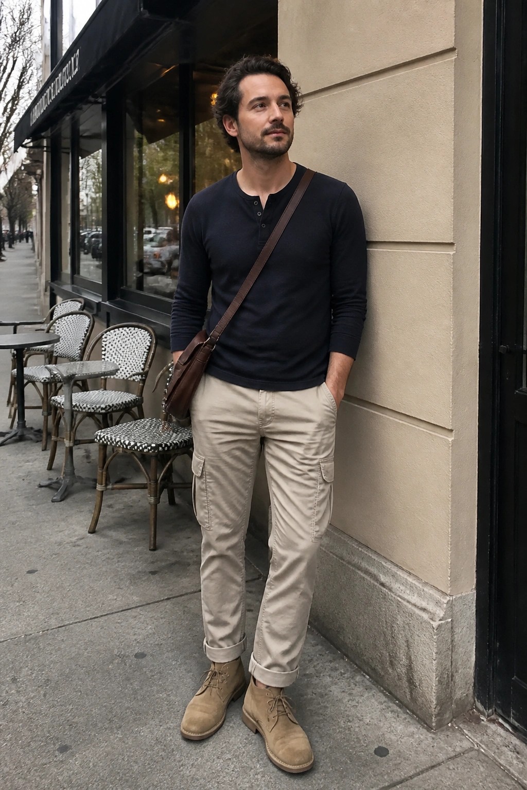 Man in navy henley and beige cargo pants leaning on building wall with bag