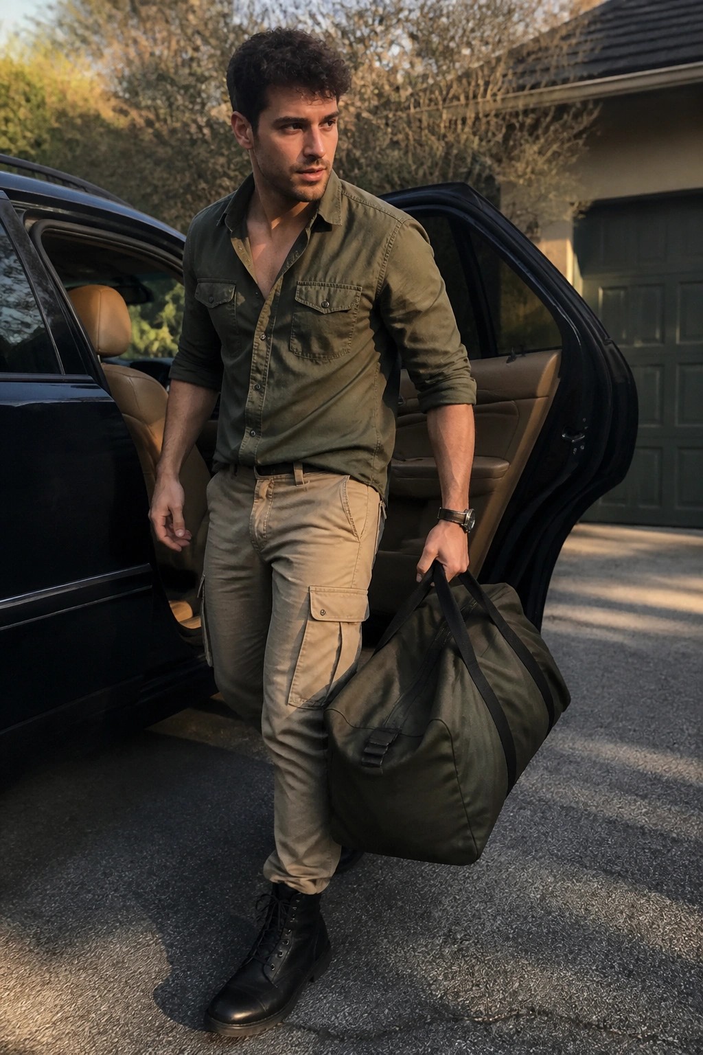 Man in green shirt carrying duffel bag beside open black car door