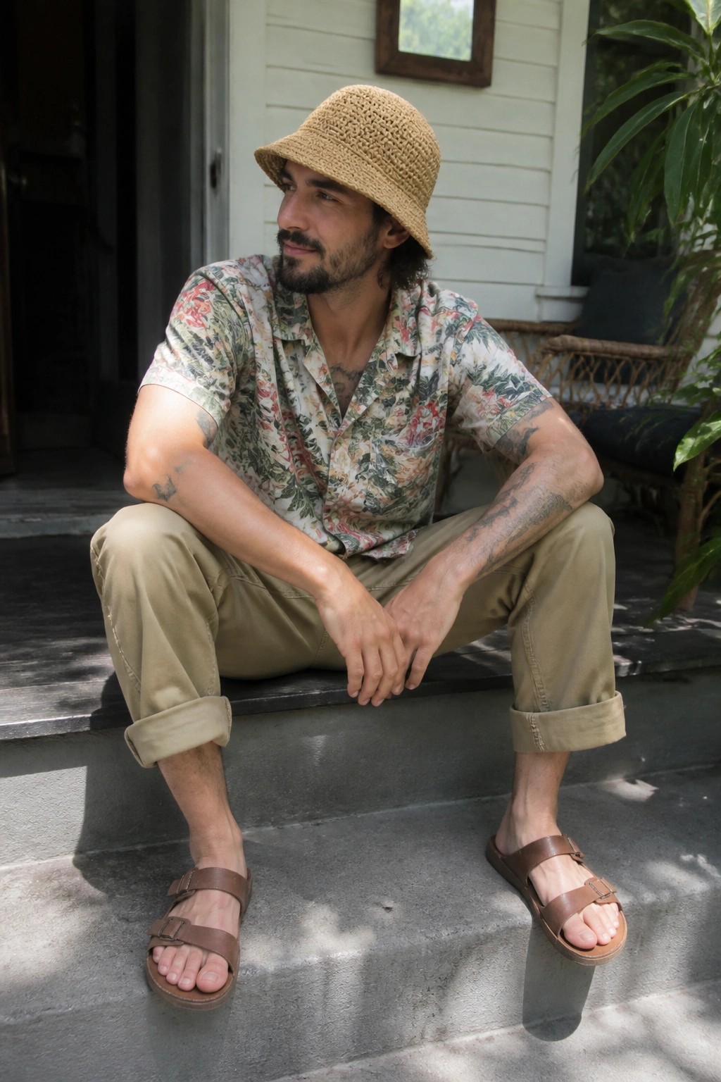Tattooed man in floral shirt, bucket hat, and sandals seated on porch steps
