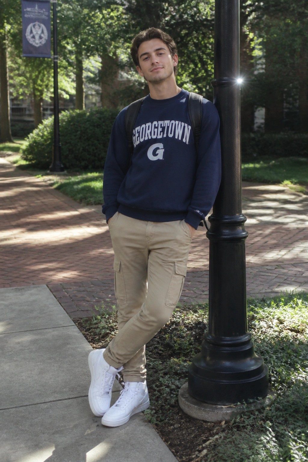 Man wearing navy Georgetown sweatshirt, beige khaki cargo pants, white sneakers, and black backpack standing outdoors on a brick path.