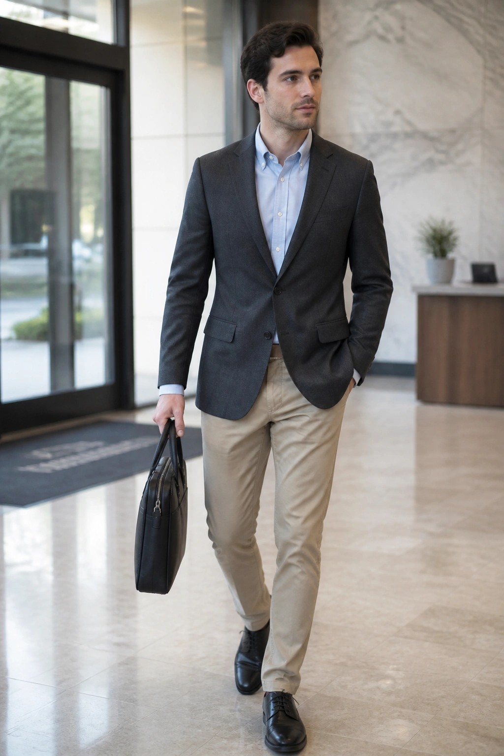 Man in gray blazer, blue shirt, and khaki pants holding black briefcase in lobby