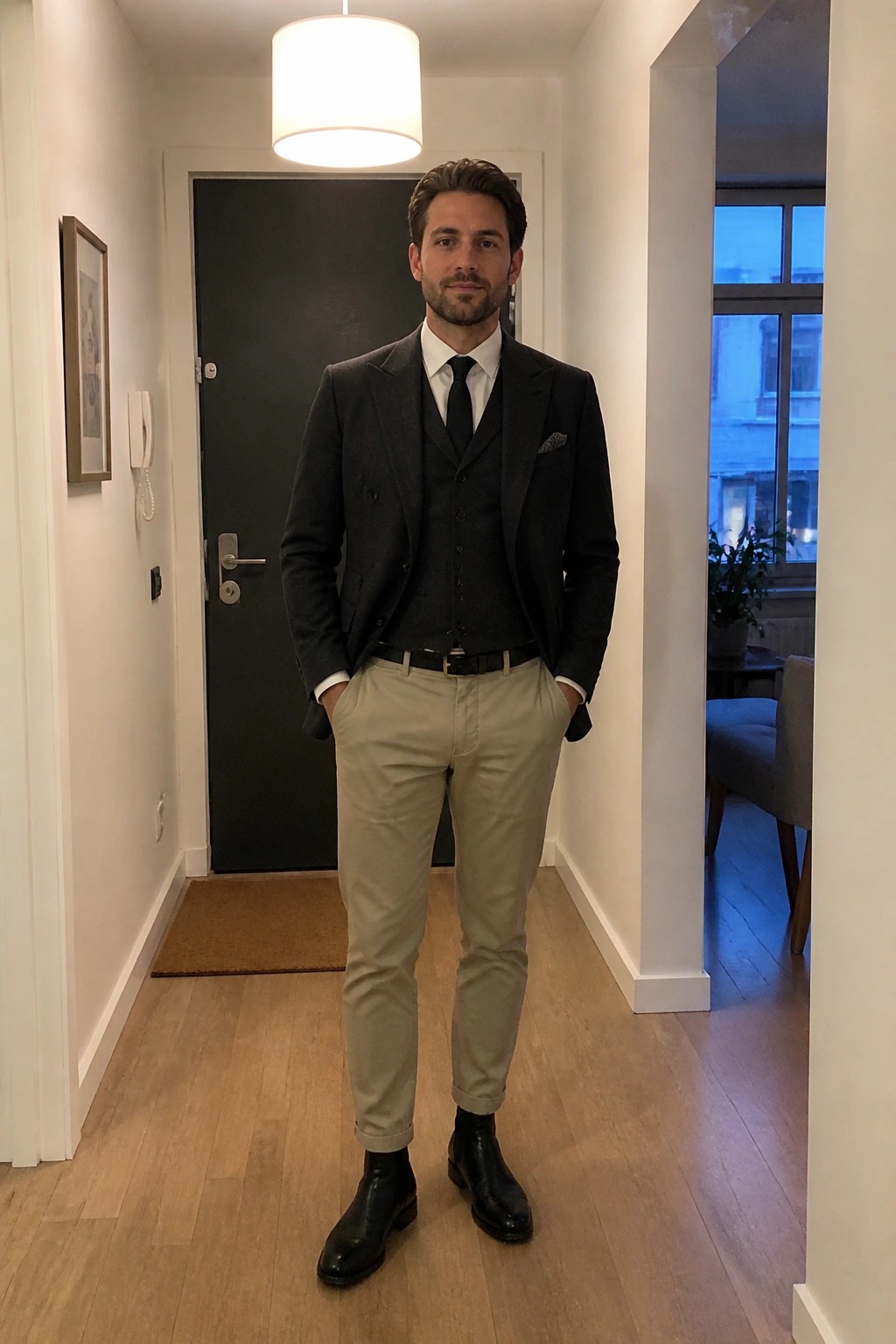 Man standing in hallway wearing charcoal double breasted blazer and vest over white shirt with black tie khaki trousers and black boots hands in pockets.