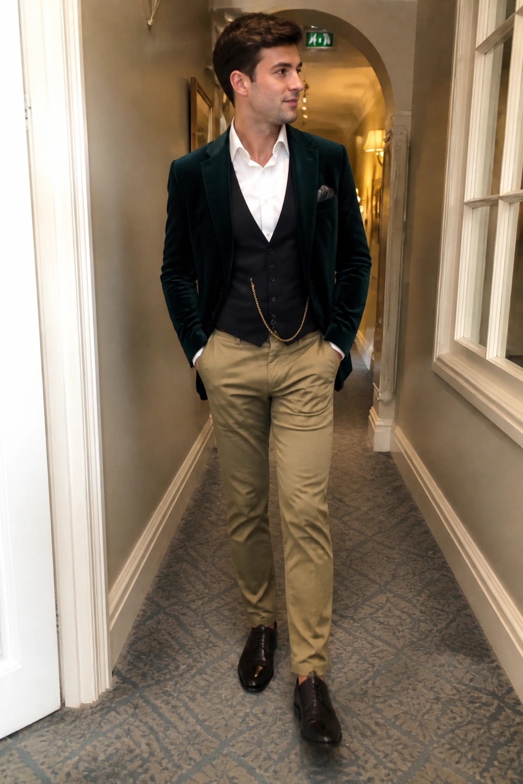Man in green velvet blazer, black vest with gold chain, and khaki pants in hallway