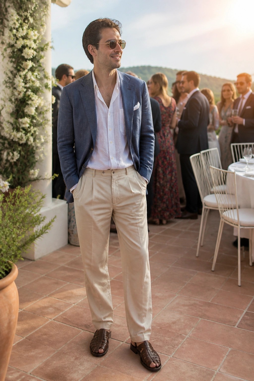 Man in blue blazer, white shirt, beige pants, and brown sandals at patio event