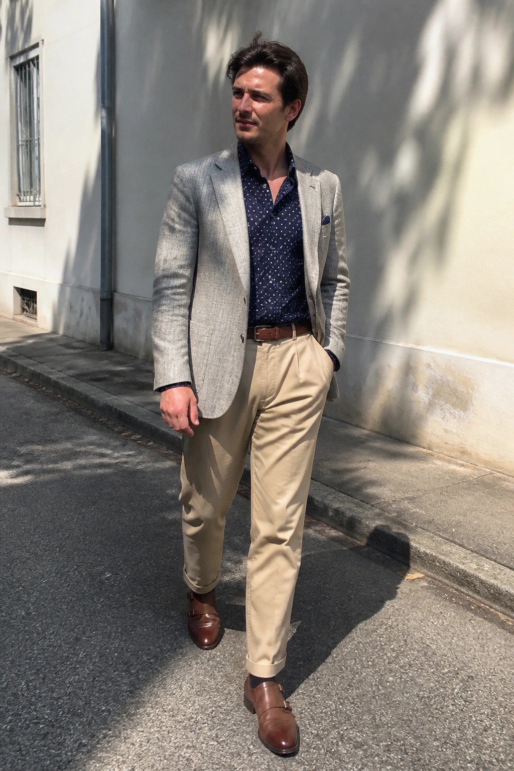 Man in gray blazer, patterned shirt, beige pants, and brown shoes on sidewalk