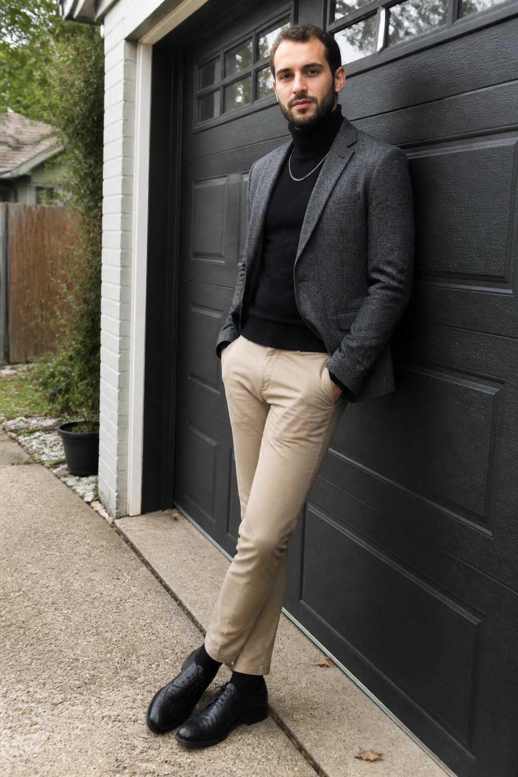 Man in gray blazer and beige pants leaning on black garage door.