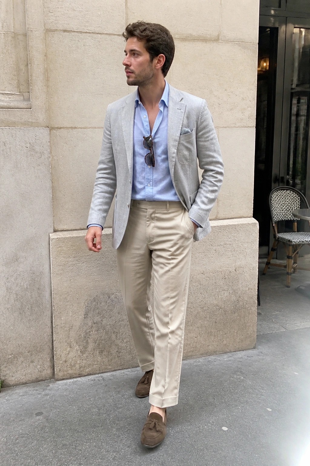 Man in light gray blazer, blue shirt, beige pants, and brown loafers outdoors.