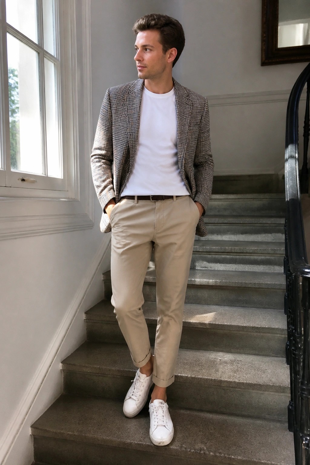 Man in checkered blazer, white tee, beige pants, and sneakers on stairs