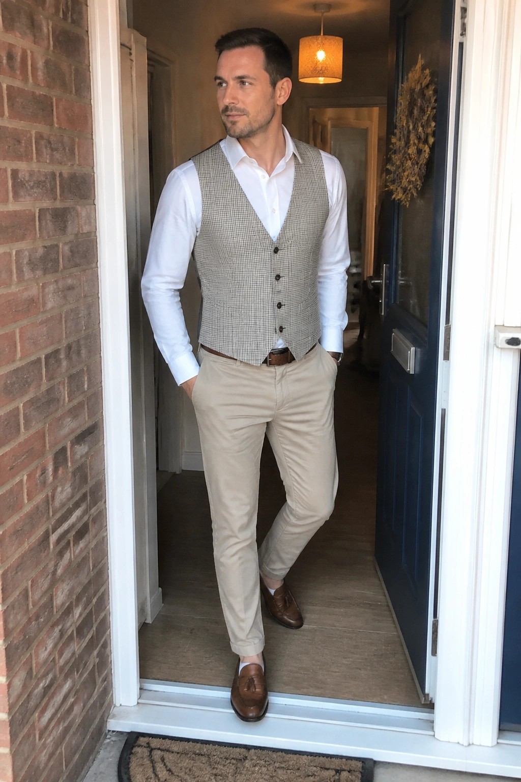 Man in patterned vest and white shirt standing in open doorway