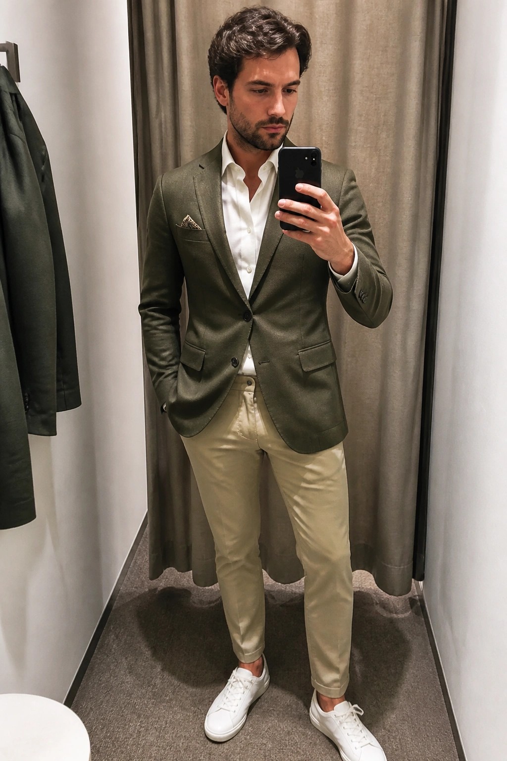 Man in olive blazer and beige pants taking mirror selfie with iPhone