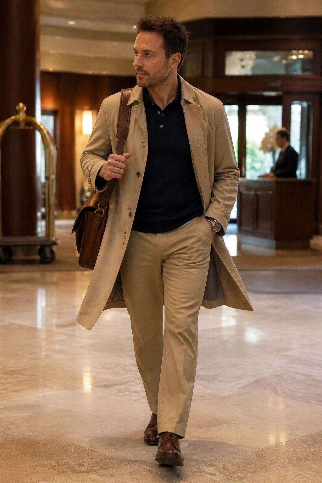 Man in beige trench coat with brown leather bag in marble hotel lobby