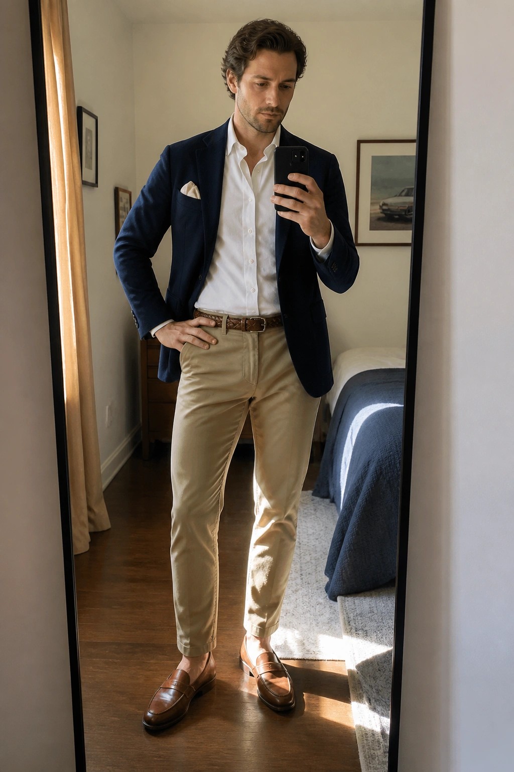 Man in navy blazer and khaki pants taking smartphone mirror selfie in bedroom