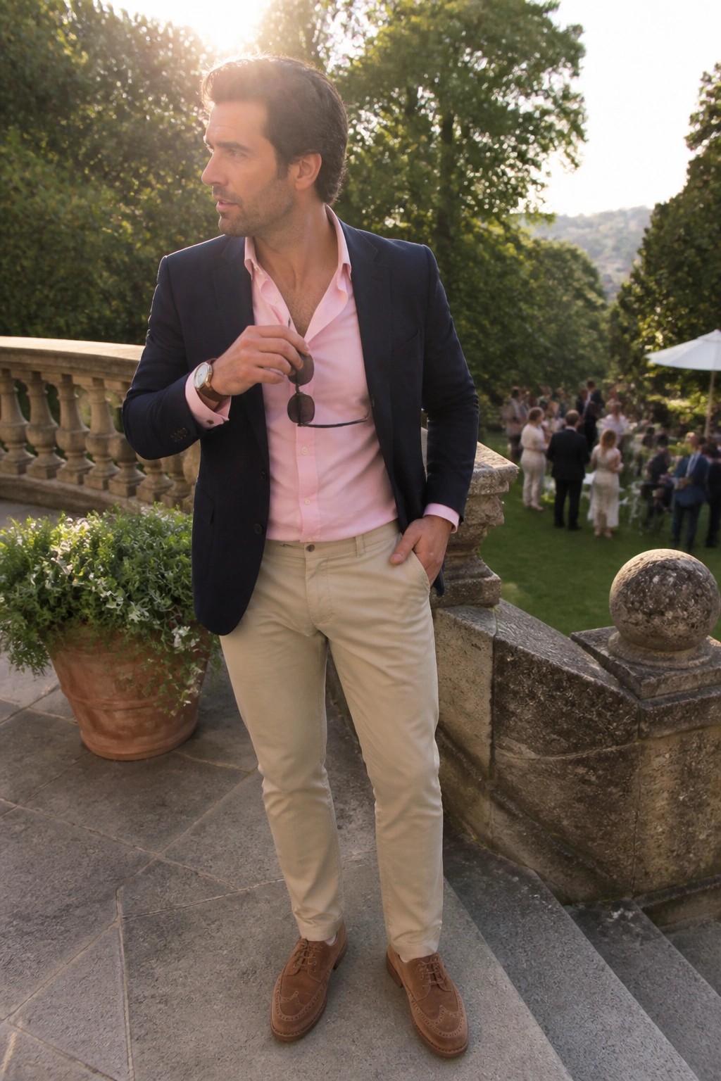 Man in navy blazer and pink shirt holding sunglasses on stone terrace