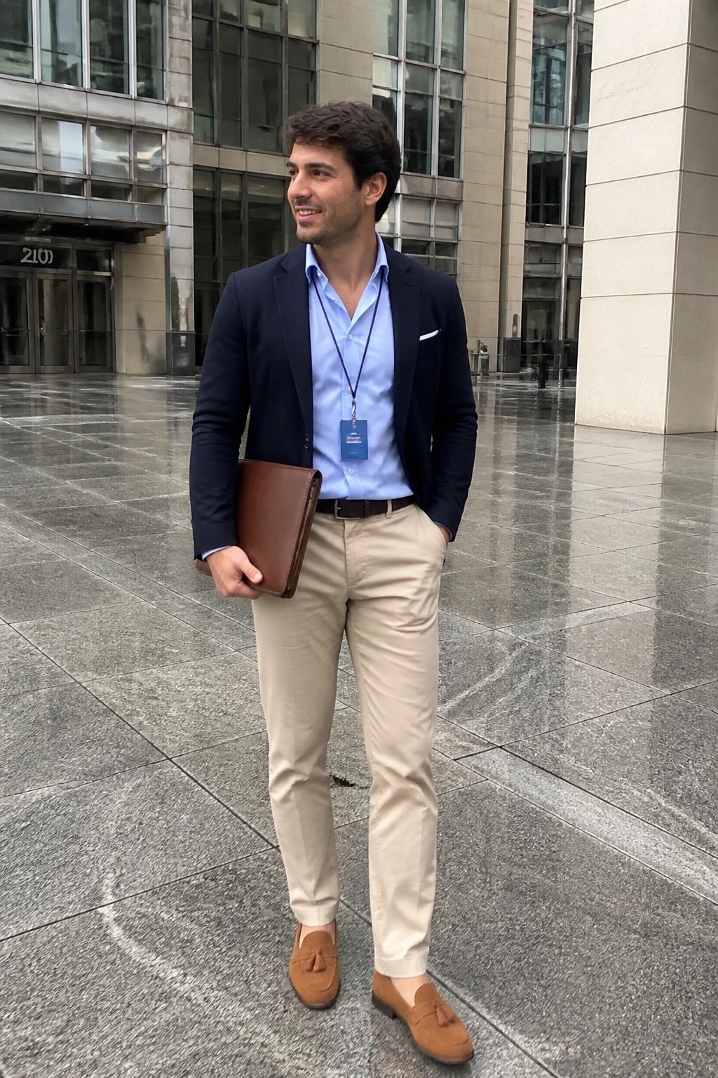Man in navy blazer, light blue shirt, and khaki pants holding brown leather folder.
