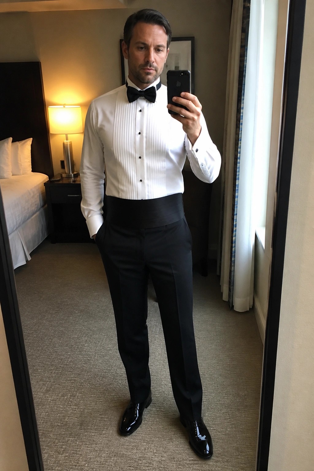 Man in black tuxedo and bow tie taking mirror selfie in hotel room