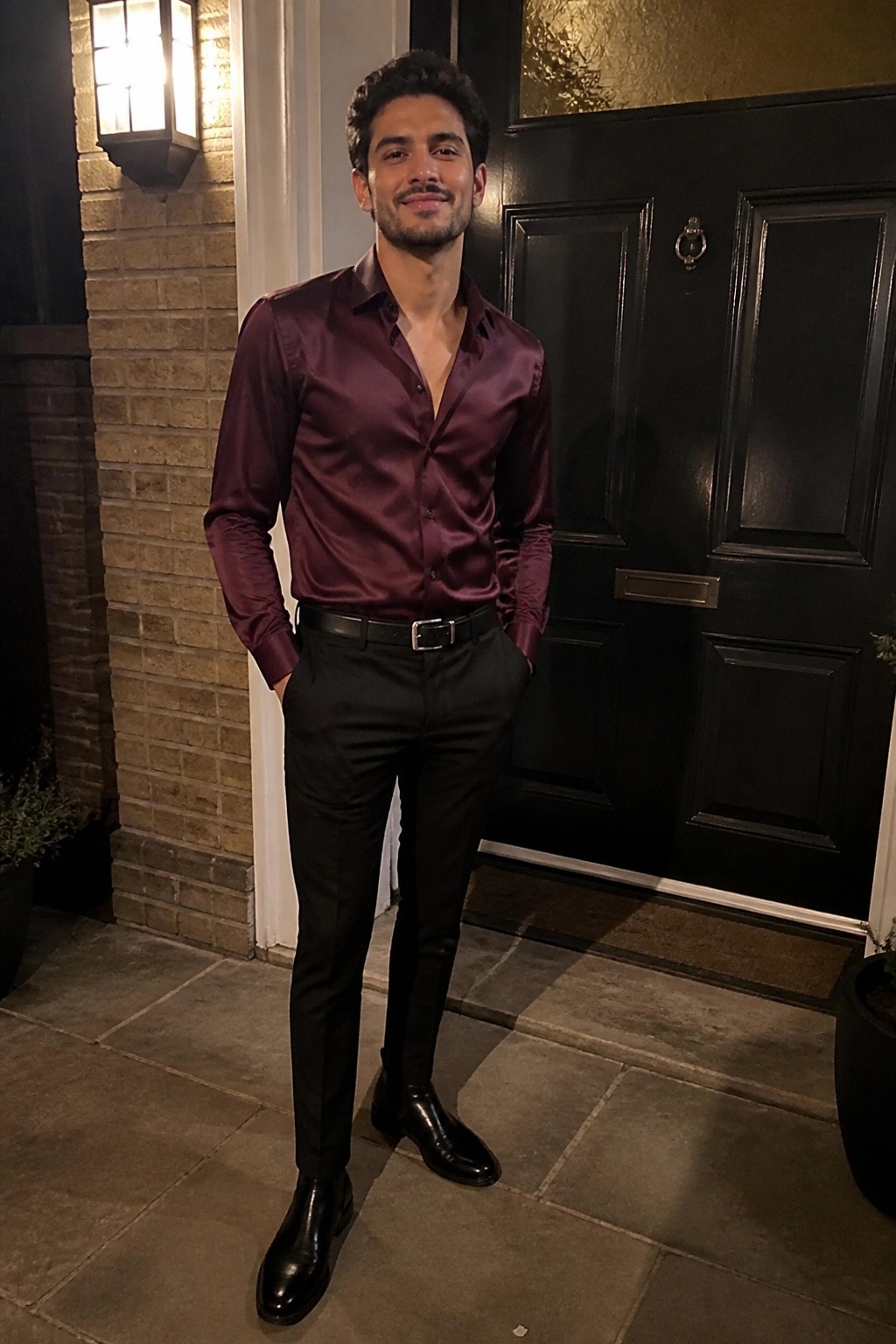 Man wearing a deep burgundy satin button-up shirt tucked into slim black formal pants with a black belt and shiny black dress boots standing in front of a dark door.