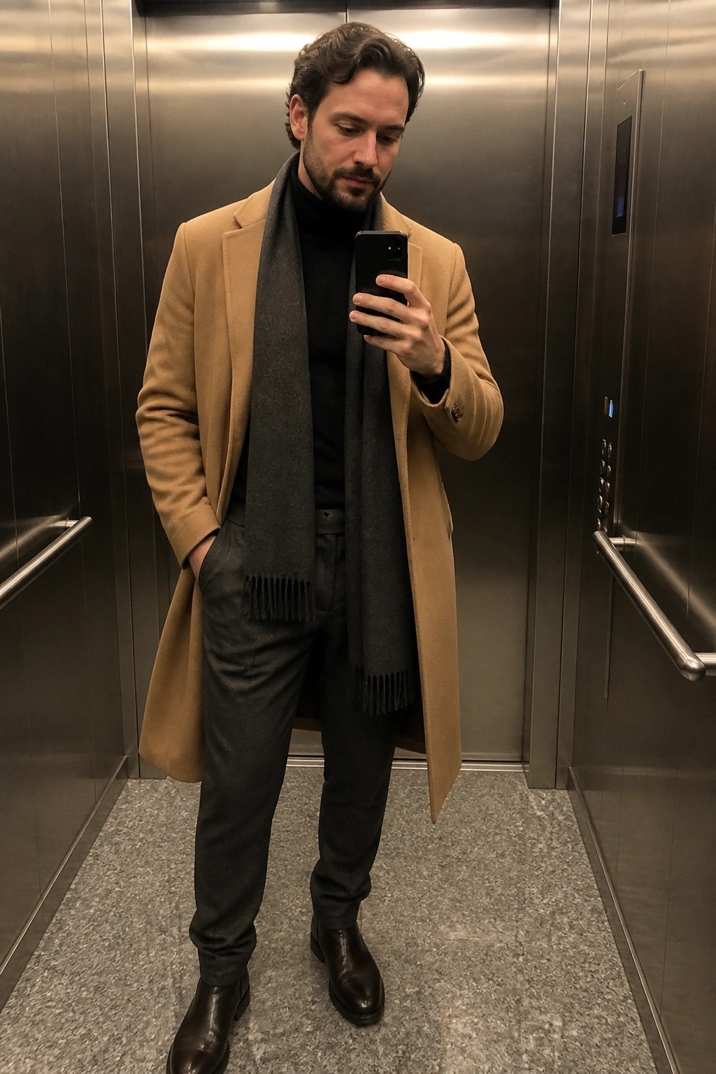 Man in tan overcoat and gray scarf taking selfie in elevator